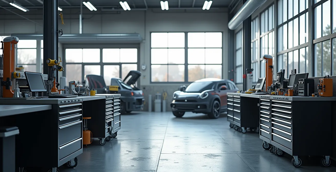 Vue grand angle d'un atelier automobile professionnel avec espaces de travail épurés et éclairage naturel
