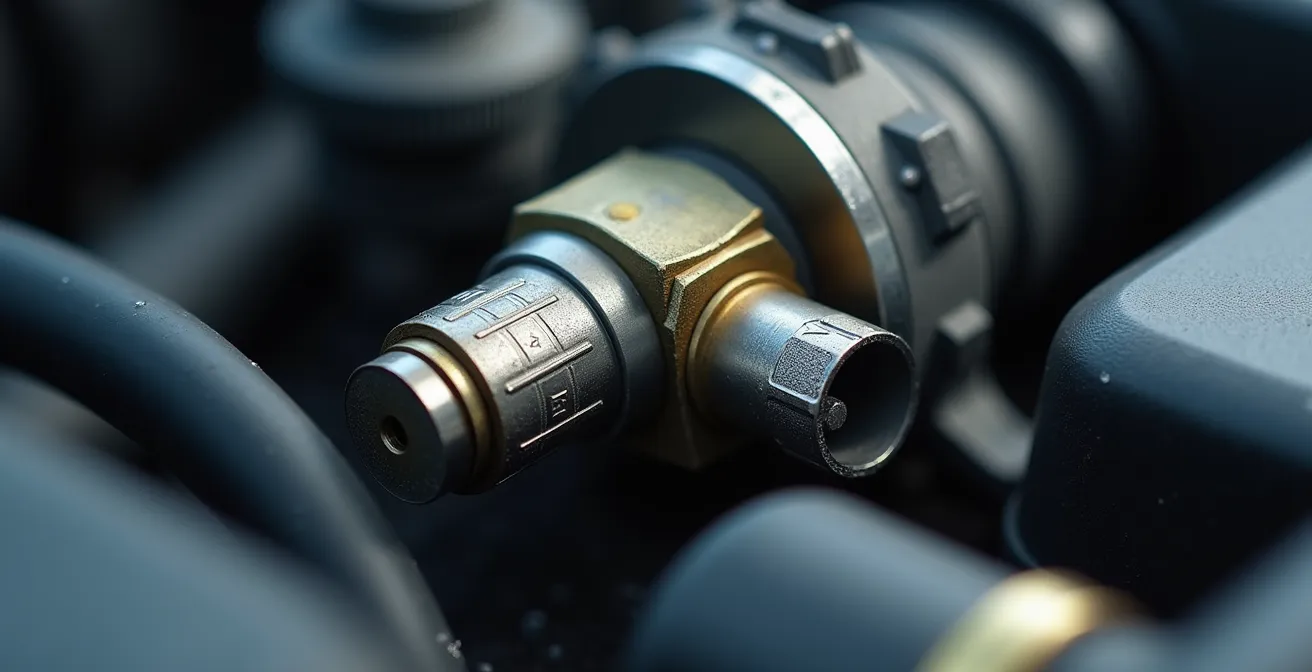 Vue macro détaillée d'un capteur de moteur automobile avec câblage électronique et surfaces métalliques texturées