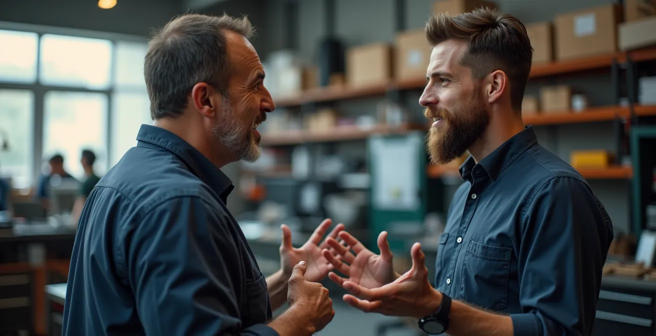 Vue rapprochée de deux personnes en discussion dans un environnement professionnel avec gestes de collaboration
