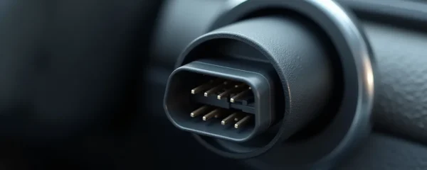 Gros plan photographique sur un port de diagnostic OBD connecté dans l'habitacle d'un véhicule moderne