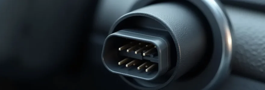 Gros plan photographique sur un port de diagnostic OBD connecté dans l'habitacle d'un véhicule moderne