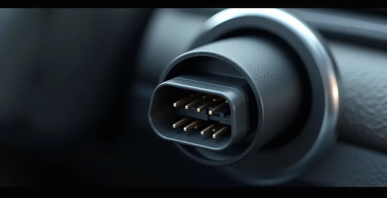 Gros plan photographique sur un port de diagnostic OBD connecté dans l'habitacle d'un véhicule moderne