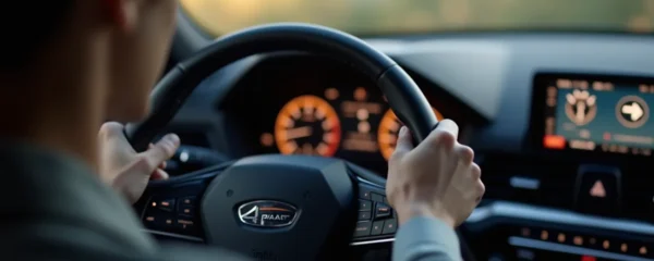 Vue rapprochée d'un tableau de bord automobile moderne avec voyant moteur, mains sur volant et reflet des lumières