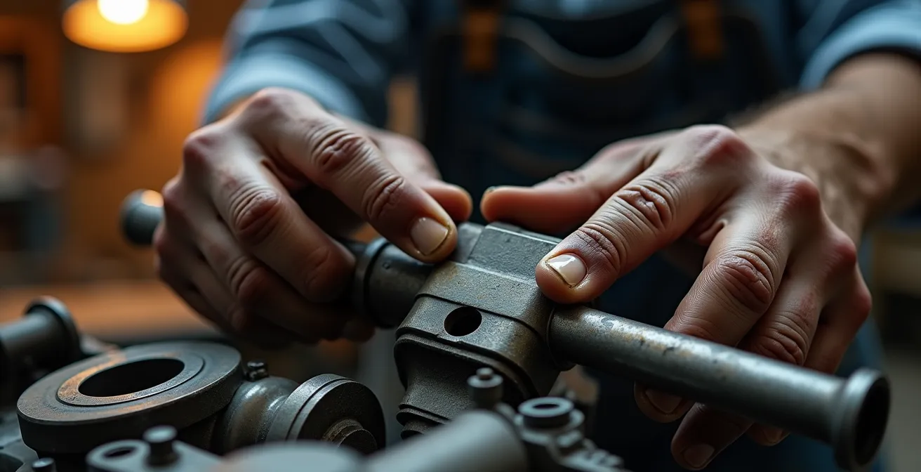 Gros plan macro sur les mains d'un mécanicien inspectant une pièce métallique de moteur avec texture détaillée