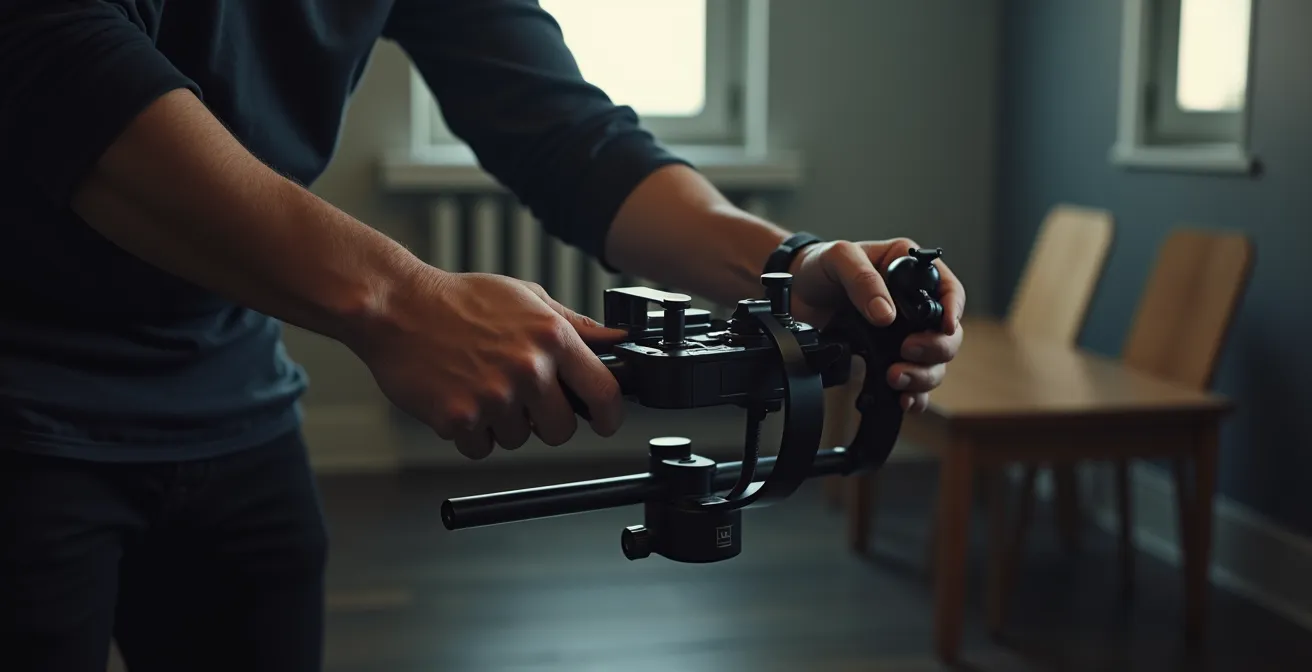 Professionnel manipulant un stabilisateur de caméra en action