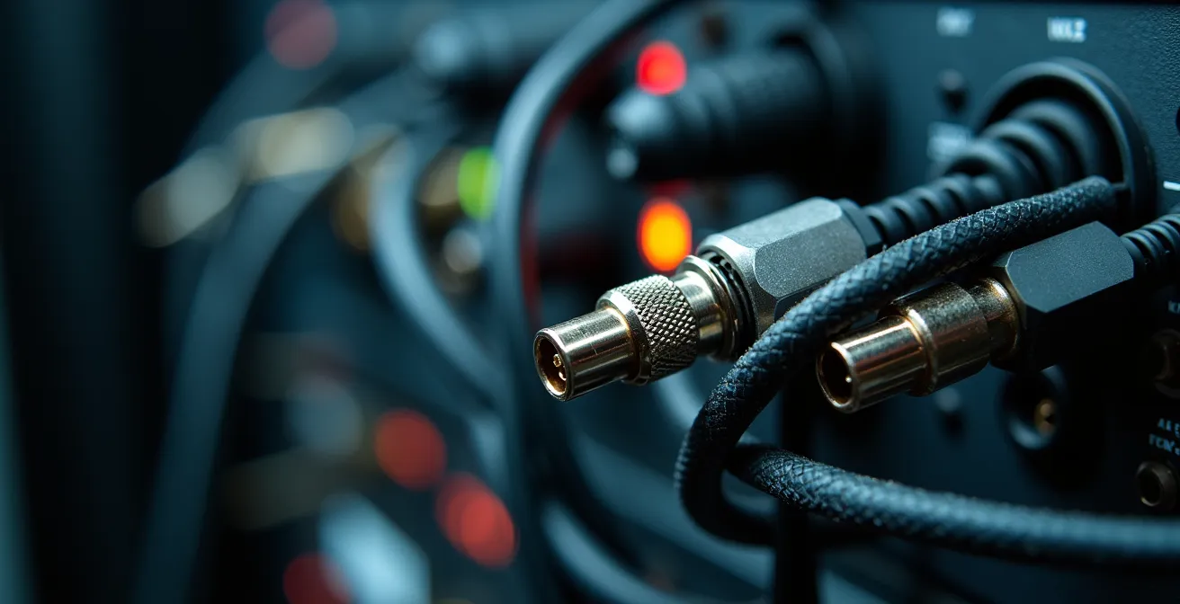 Gros plan sur des câbles et connecteurs de caméra professionnelle