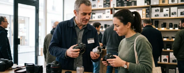Un conseiller présente un objectif photo à une cliente dans un magasin spécialisé en matériel photographique.