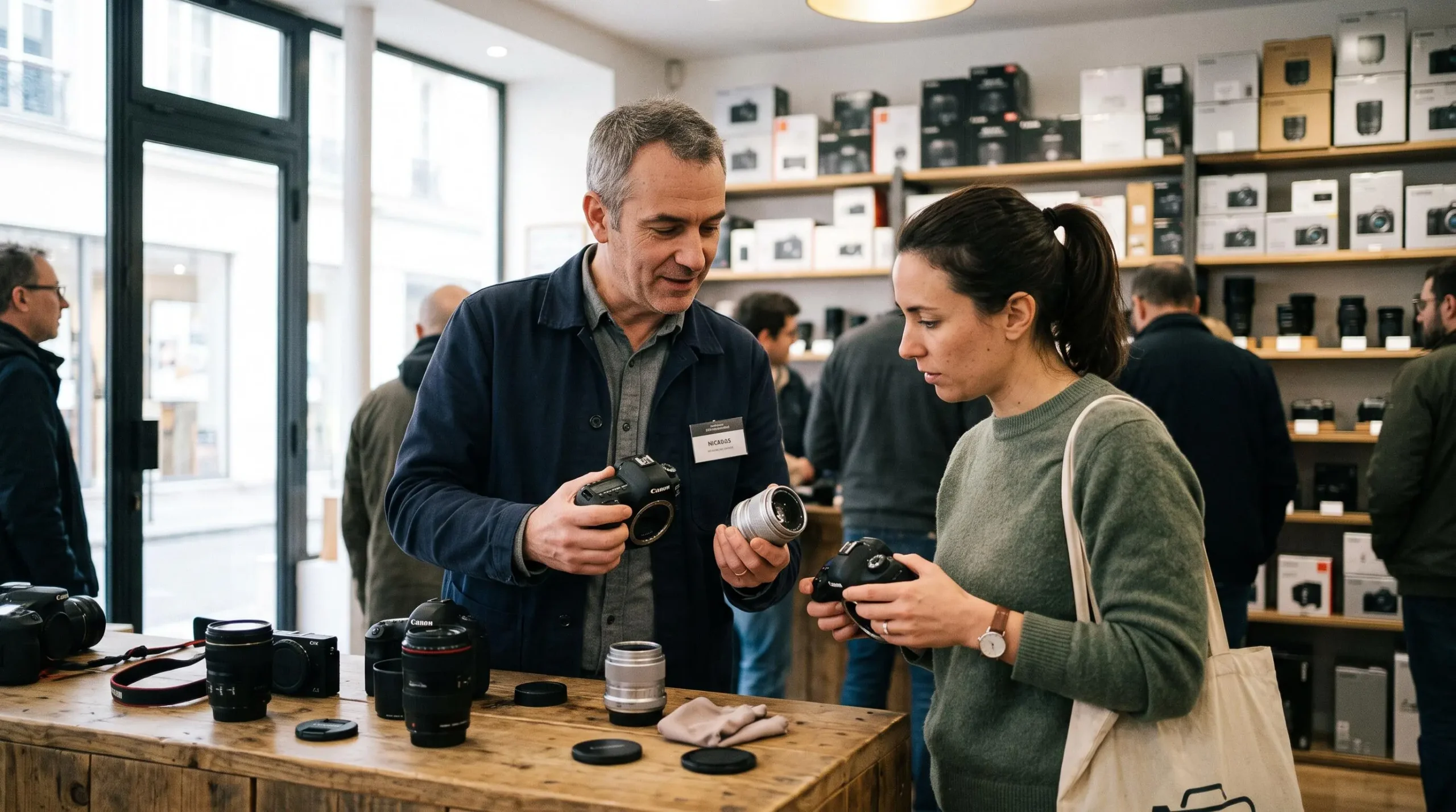 Un conseiller présente un objectif photo à une cliente dans un magasin spécialisé en matériel photographique.