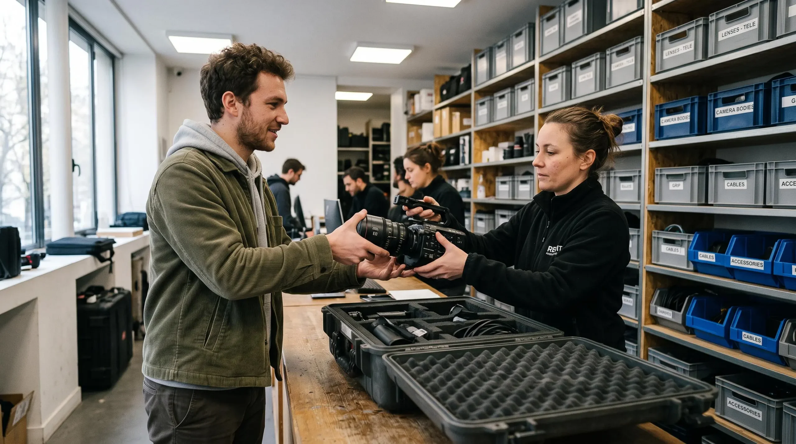 Un photographe récupère un boitier et un zoom auprès d'un employé dans un comptoir de location de matériel photo.