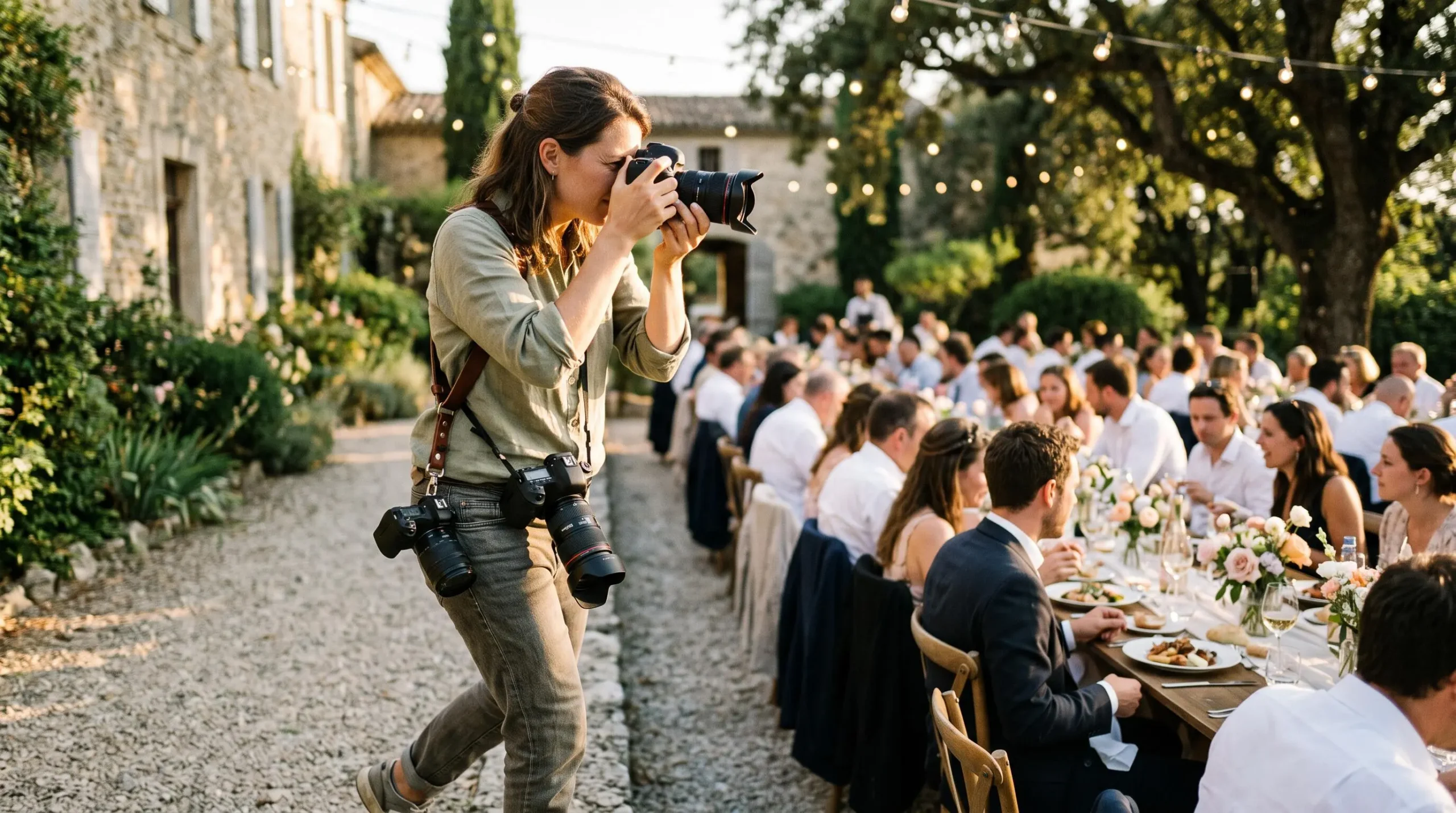 Une photographe de mariage photographie une réception en extérieur avec un harnais à deux boîtiers équipés de zooms lumineux.